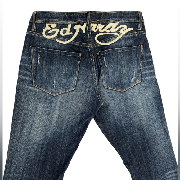 Ed Hardy Jeans Straight Leg Skull Rose Rhinestone Embroidered Painted Size 14 - Picture 2 of 14